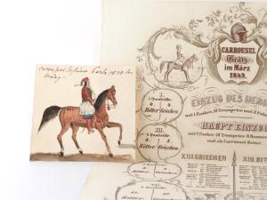 Carrousel - Grätz im März 1843. Einzug des Herolds mit 1 Pauker, 10 Trompeter und 8 Fahnenträger. Haupteinzug mit 2 Pauker, 38 Trompeter 8 Bannerträger und als Carrousel Reiter.