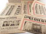 Österreichischer Staatsvertrag. 410 Ausgaben, hauptsächlich Wiener Tageszeitungen mit Schlagzeilen über die Vorbereitungen zum Staatsvertrag am Titelblatt.